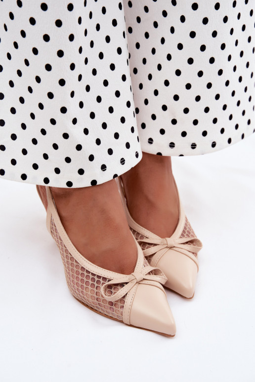 Beige mesh sandalen met dunne hakken en strikken Moona