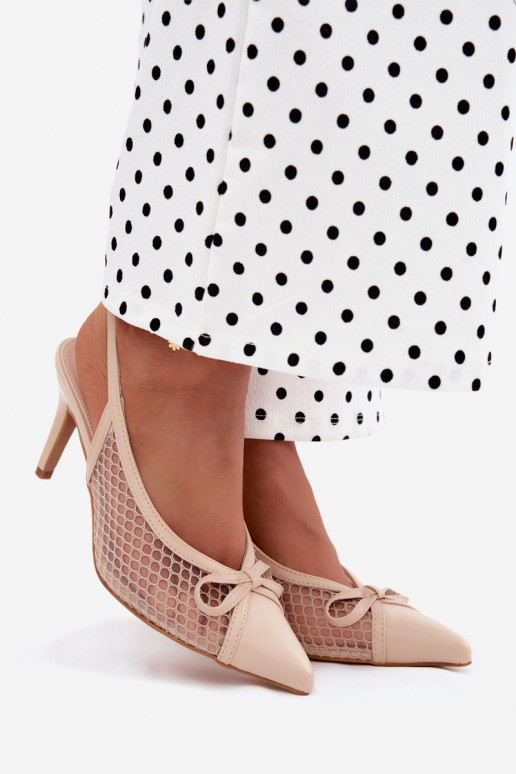 Beige mesh sandalen met dunne hakken en strikken Moona