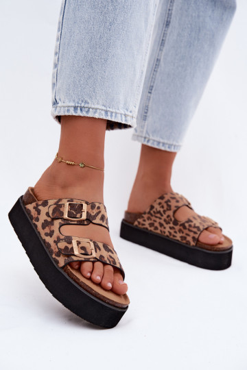 Dames slippers met platform en gespen, luipaardprint