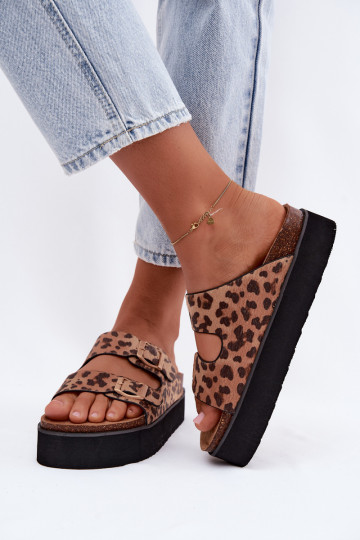 Dames slippers met platform en gespen, luipaardprint 2