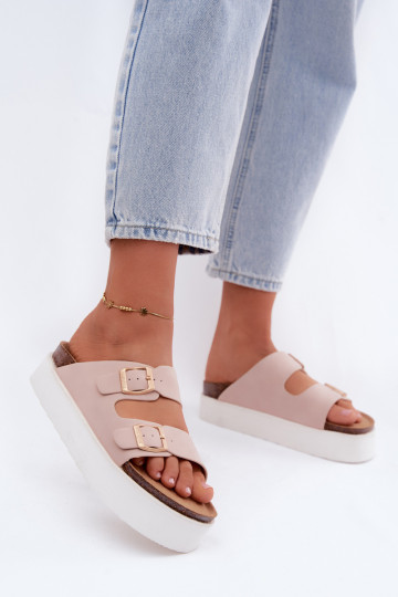 Roze dames slippers met platform en gespen 2