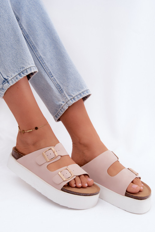 Roze dames slippers met platform en gespen