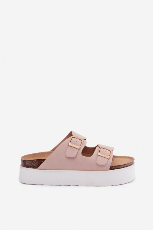 Roze dames slippers met platform en gespen