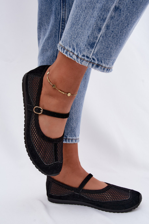 Mesh ballerina's met bandjes in zwart Chicca