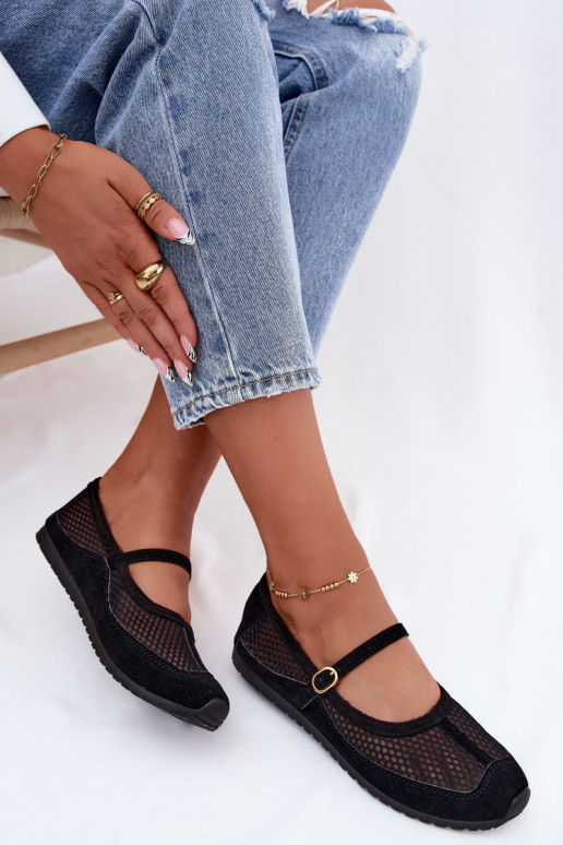 Mesh ballerina's met bandjes in zwart Chicca