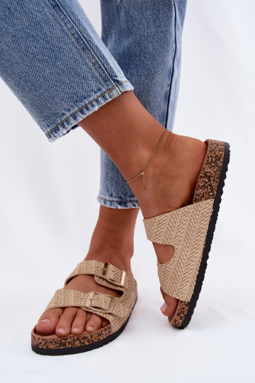 Dames slippers met vlechten en gouden gespen in zandkleur Tai turignovia