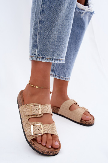 Dames slippers met vlechten en gouden gespen in zandkleur Tai turignovia 2