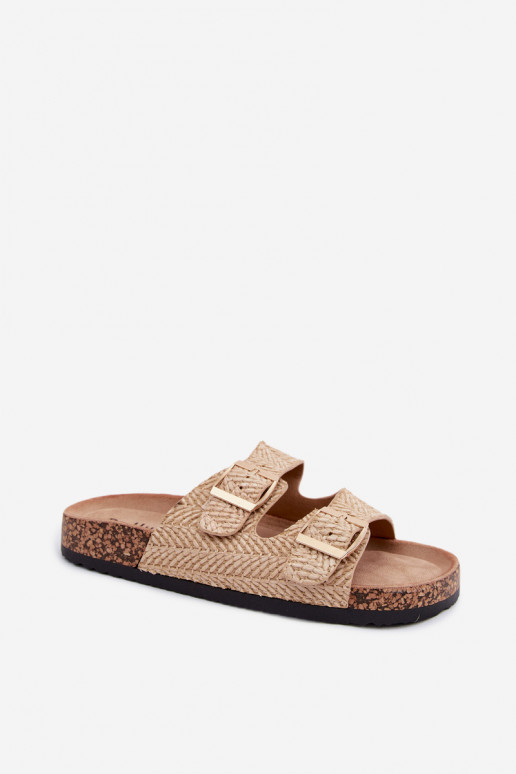 Dames slippers met vlechten en gouden gespen in zandkleur Tai turignovia