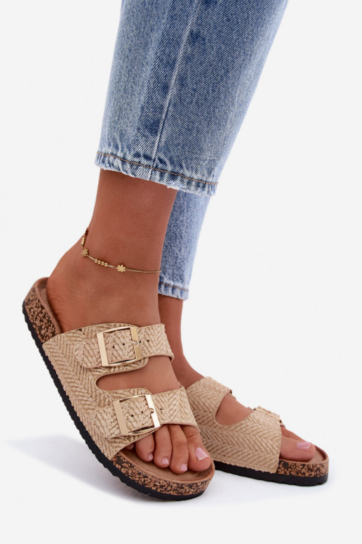 Dames slippers met vlechten en gouden gespen in zandkleur Tai turignovia