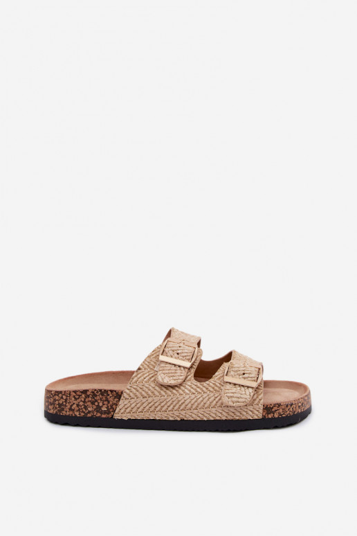 Dames slippers met vlechten en gouden gespen in zandkleur Tai turignovia