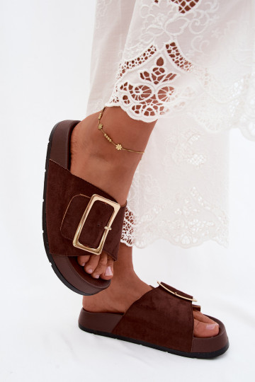 CzekoladoĮe dames slippers met gouden gespen en platform van faux suede Coralora
