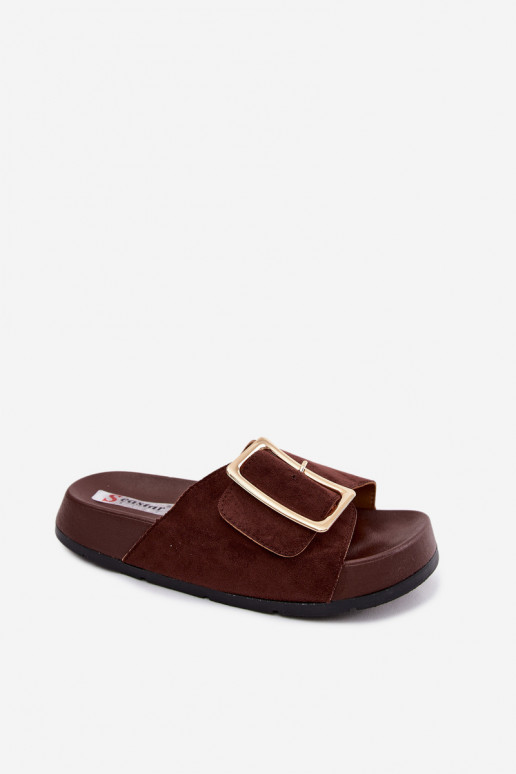 CzekoladoĮe dames slippers met gouden gespen en platform van faux suede Coralora