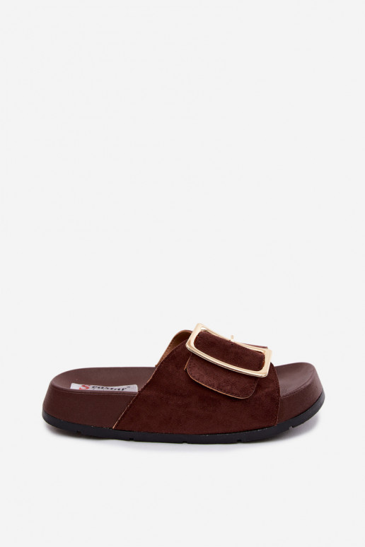 CzekoladoĮe dames slippers met gouden gespen en platform van faux suede Coralora