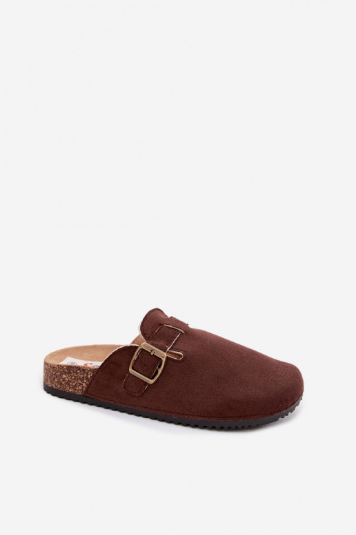 Chocoladekleurige damesklompen met gespen van faux suede Tropina