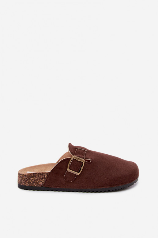 Chocoladekleurige damesklompen met gespen van faux suede Tropina