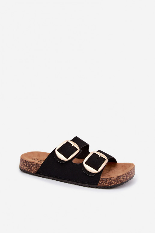 Zwarte dames slippers met gespen op een kurken zool Bubbelia