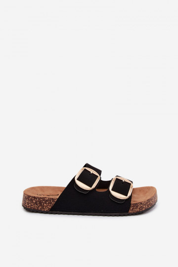 Zwarte dames slippers met gespen op een kurken zool Bubbelia 2