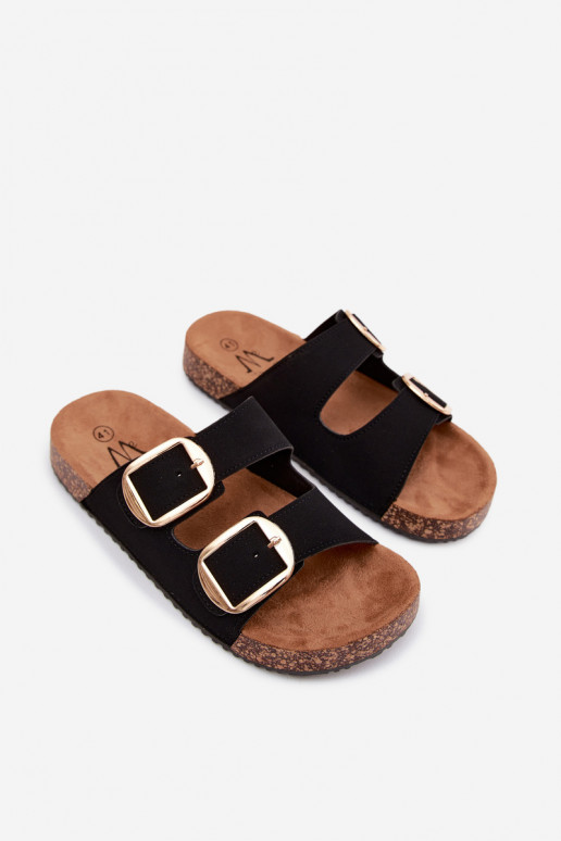 Zwarte dames slippers met gespen op een kurken zool Bubbelia
