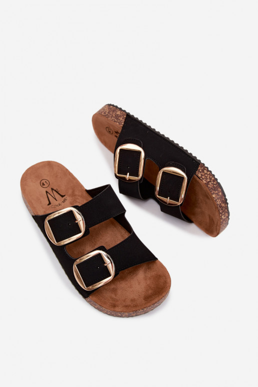 Zwarte dames slippers met gespen op een kurken zool Bubbelia