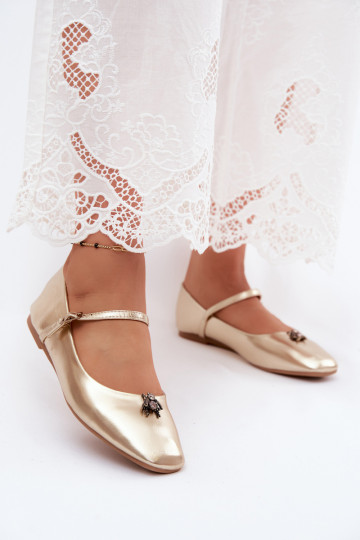 Dames ballerina's met bandjes en gespen in gouden kleur faux leather Pinea 2