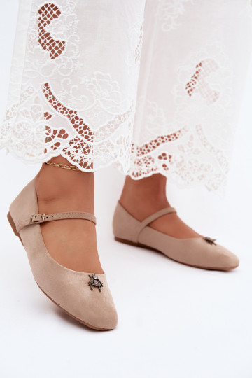 Dames ballerina's met bandjes en gespen in zandkleur faux suede Pinea 2