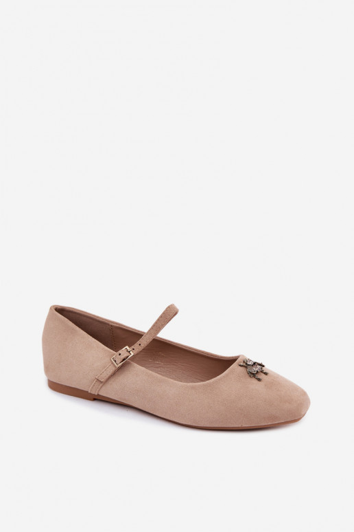 Dames ballerina's met bandjes en gespen in zandkleur faux suede Pinea