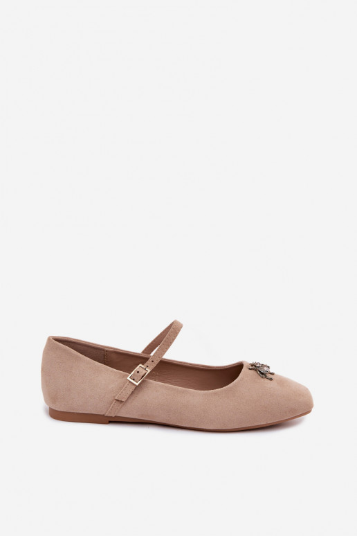 Dames ballerina's met bandjes en gespen in zandkleur faux suede Pinea