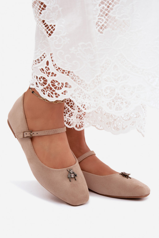 Dames ballerina's met bandjes en gespen in zandkleur faux suede Pinea