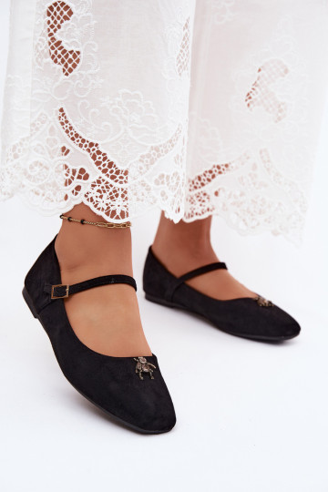 Dames ballerina's met bandjes en gespen in zwarte kleur faux suede Pinea