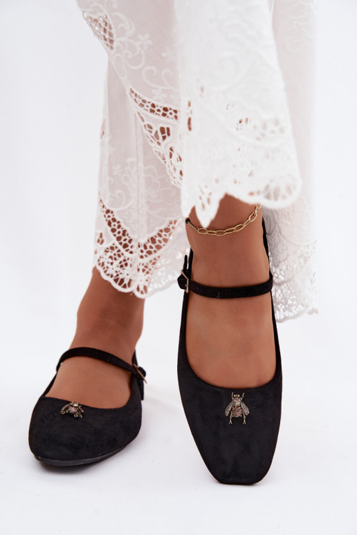 Dames ballerina's met bandjes en gespen in zwarte kleur faux suede Pinea