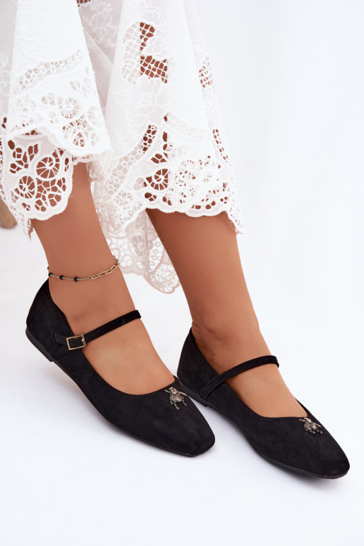 Dames ballerina's met bandjes en gespen in zwarte kleur faux suede Pinea