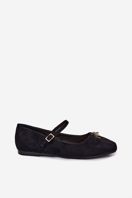 Dames ballerina's met bandjes en gespen in zwarte kleur faux suede Pinea