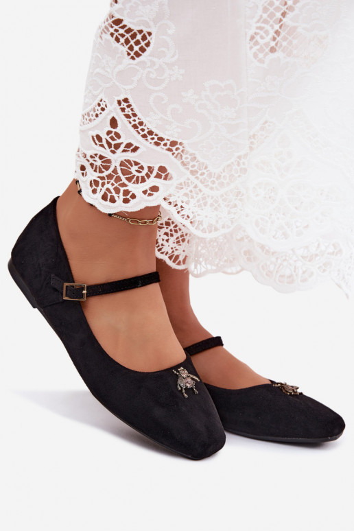 Dames ballerina's met bandjes en gespen in zwarte kleur faux suede Pinea