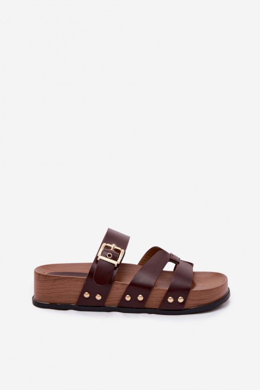 Dameslippers van faux leather met gespen in bruin Cambria
