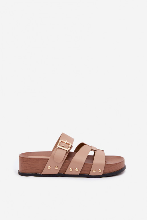 Dameslippers van faux leather met gespen in zandkleur Cambria