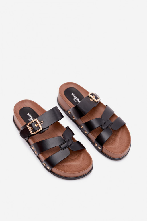 Dameslippers van faux leather met gespen in zwart Cambria