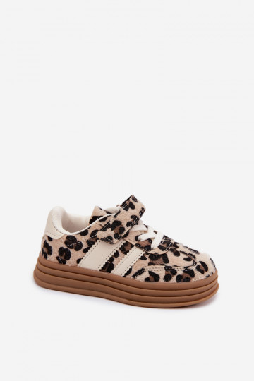 Kinder sneakers met luipaardprint en klittenband in zandkleur Satinia