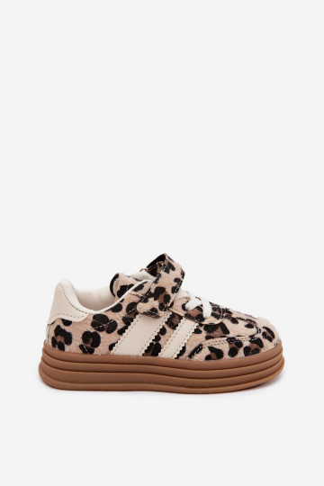 Kinder sneakers met luipaardprint en klittenband in zandkleur Satinia 2