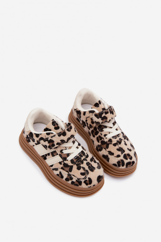 Kinder sneakers met luipaardprint en klittenband in zandkleur Satinia