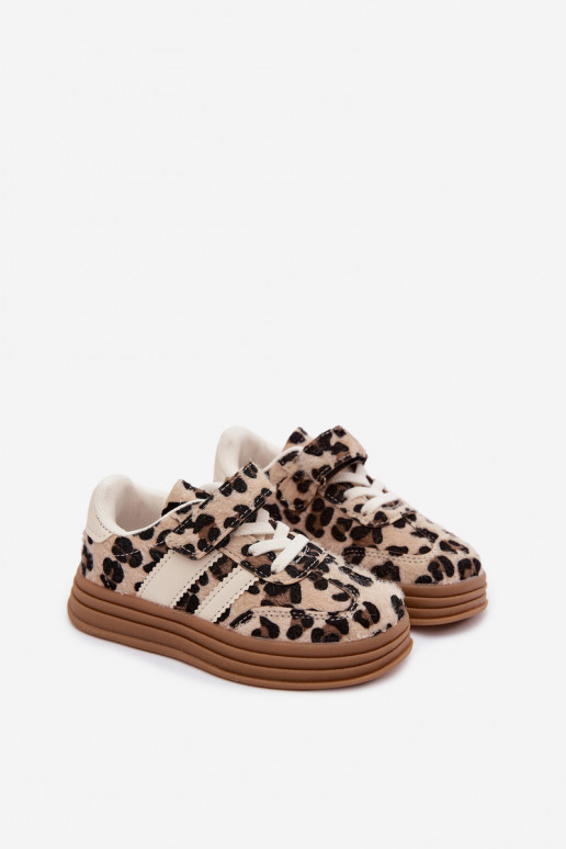 Kinder sneakers met luipaardprint en klittenband in zandkleur Satinia