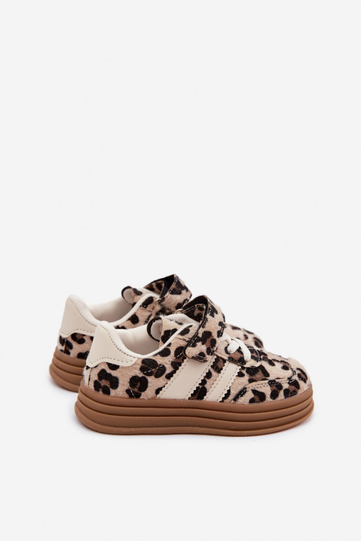 Kinder sneakers met luipaardprint en klittenband in zandkleur Satinia