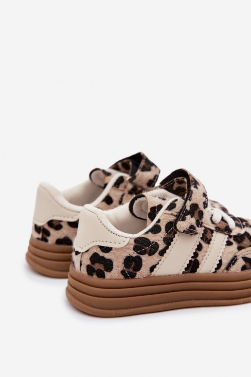 Kinder sneakers met luipaardprint en klittenband in zandkleur Satinia
