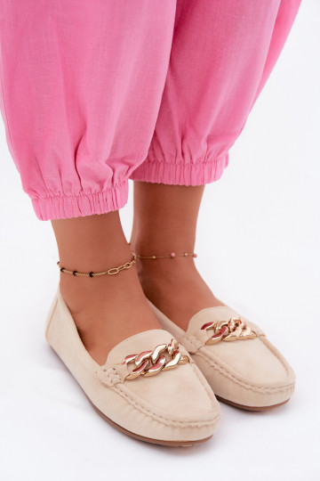 Dames gouden loafers met ketting van faux suede zandkleur Amaretto