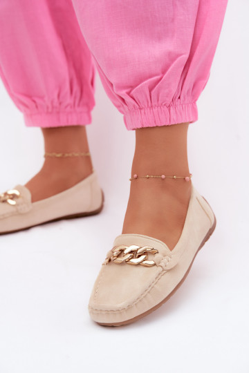 Dames gouden loafers met ketting van faux suede zandkleur Amaretto 2