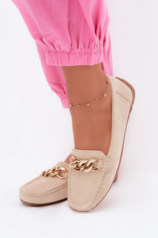 Dames gouden loafers met ketting van faux suede zandkleur Amaretto