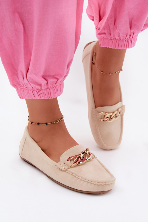 Dames gouden loafers met ketting van faux suede zandkleur Amaretto