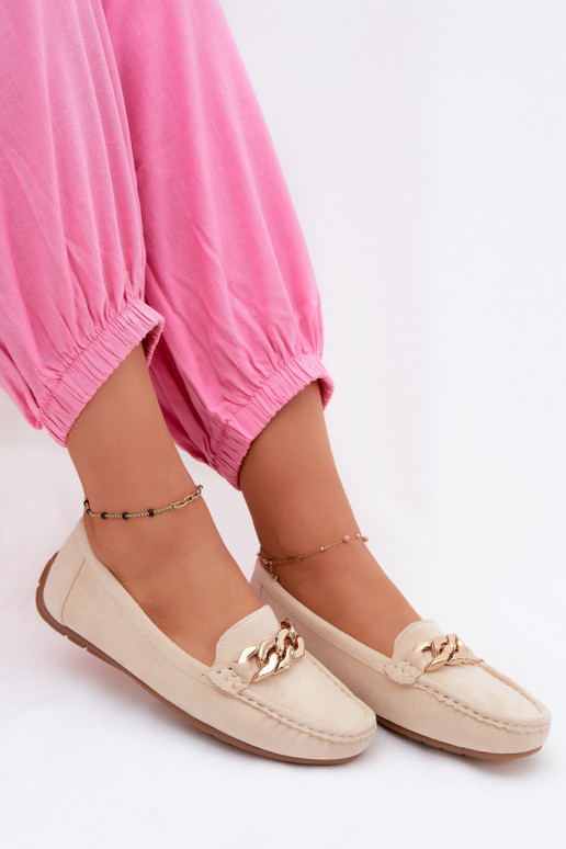 Dames gouden loafers met ketting van faux suede zandkleur Amaretto