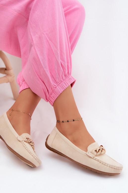 Dames gouden loafers met ketting van faux suede zandkleur Amaretto
