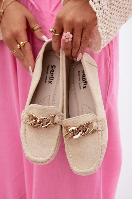 Dames gouden loafers met ketting van faux suede zandkleur Amaretto