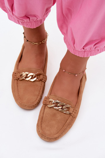 Dames gouden loafers met ketting van faux suede bruin Amaretto